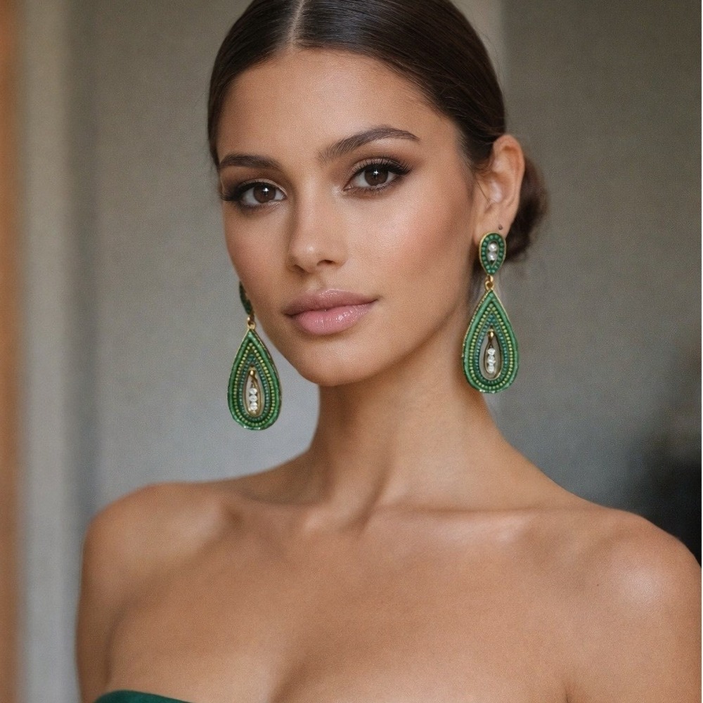 Green Beaded Teardrop Statement Earrings Gold Tone Boho Mosaic Dangle Crystals